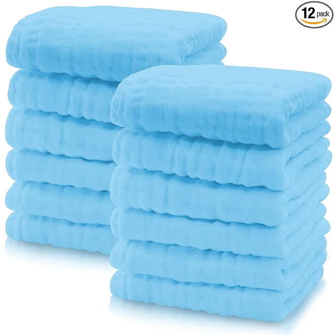 Cute Castle 12 Pack Muslin Baby Washcloths - Large 12'' by 12'' - Ultra Soft 100% Cotton - Super Absorbent Burp Cloths for Unisex, Boy, Girl -Aquamarine