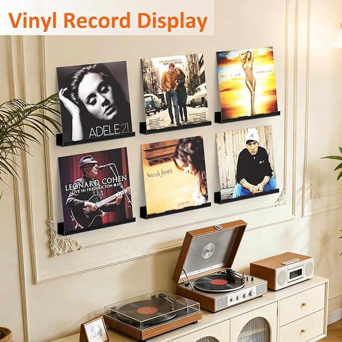 12 Pack Vinyl Wall Mount Shelf, 12" Vinyl Record Holder, Clear Record Shelf Display and Storage, Acrylic Shelves for Wall, Nursery, Living Room, Bedroom, Black