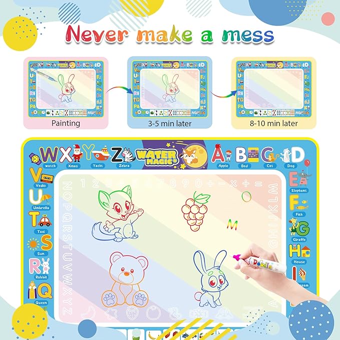 Water Doodle Mat Kids Mess Free Coloring Doodle Mat Educational Toys for 3 4 5 6 7 8 Years Old with Magic Pens Educational Toys Toddler Boys Girls Christmas Birthday Holiday Present