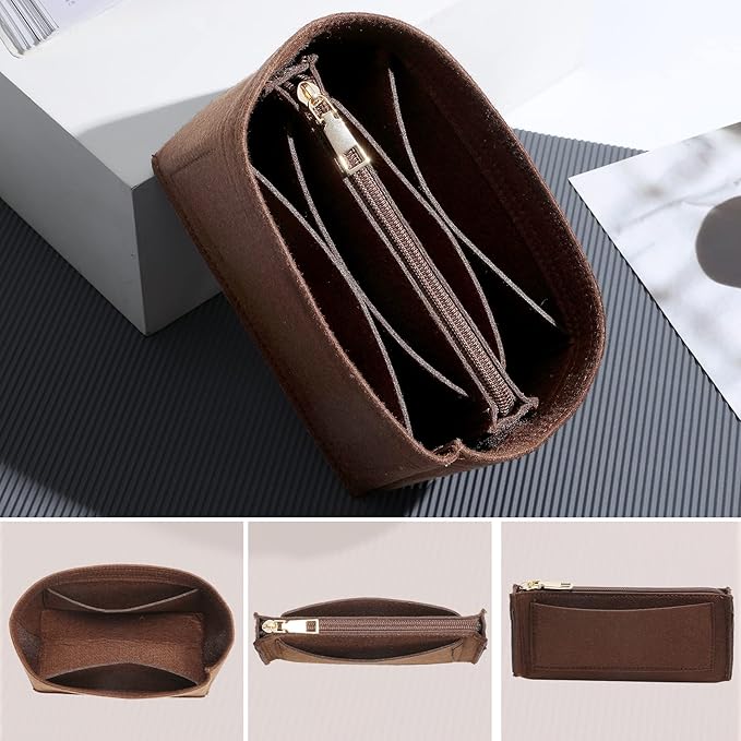 Premium Felt Purse Organizer Insert, 7 Compartments with Removable Zipper Pocket | Small Purse Organizer Fits LV Speedy 20, Noé BB, Mini Ophidia Tote, Groove 20 & More Bag Organizer Insert (Brown)