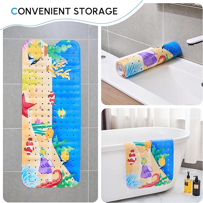 Vannokor Baby Bath Mat for Tub Non Slip Kids, 40 X 16 Inch Extra Long Bathtub Mat with Drain Holes and Suction Cups, Anti Slip Shower Mat Machine Washable, Submarine Park
