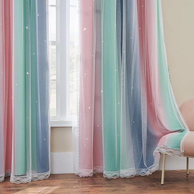 XiDi Curtains for Bedroom Decor, Rainbow Pinkgreen grey52/90