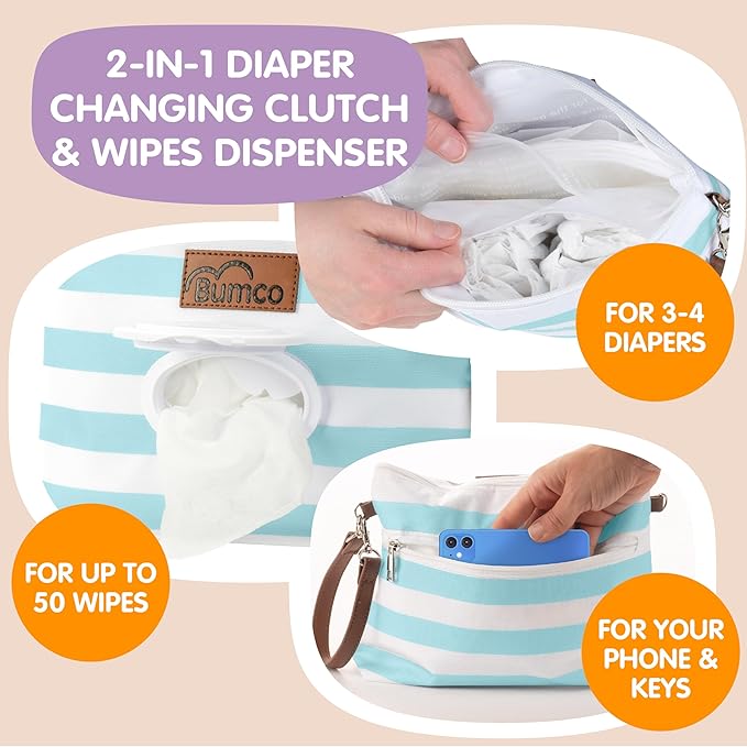 Baby Bum Brush Bumco Diaper Clutch - Portable Wipes Dispenser & Travel Essential, Airtight Refillable Wipes Container, Diaper Bag Purse