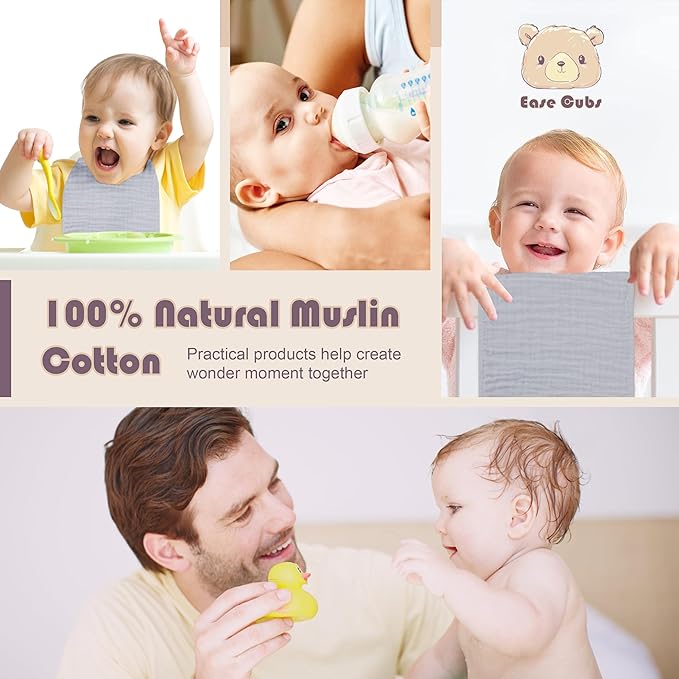 Ease Cubs Muslin Burp Cloths Large 100% Cotton Hand Washcloths for Boys & Girls, Baby Essentials Extra Absorbent and Soft Burping Rags for Newborn Registry (Slate, 12-Pack, 20" X10")