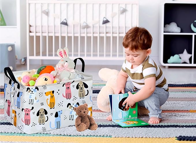 DUYIY Rectangle Gift Storage Basket Home Shelf Storage Basket Organizer Box Clothes Laundry Hamper Nursery Basket Laundry Basket with Handles (Dog)