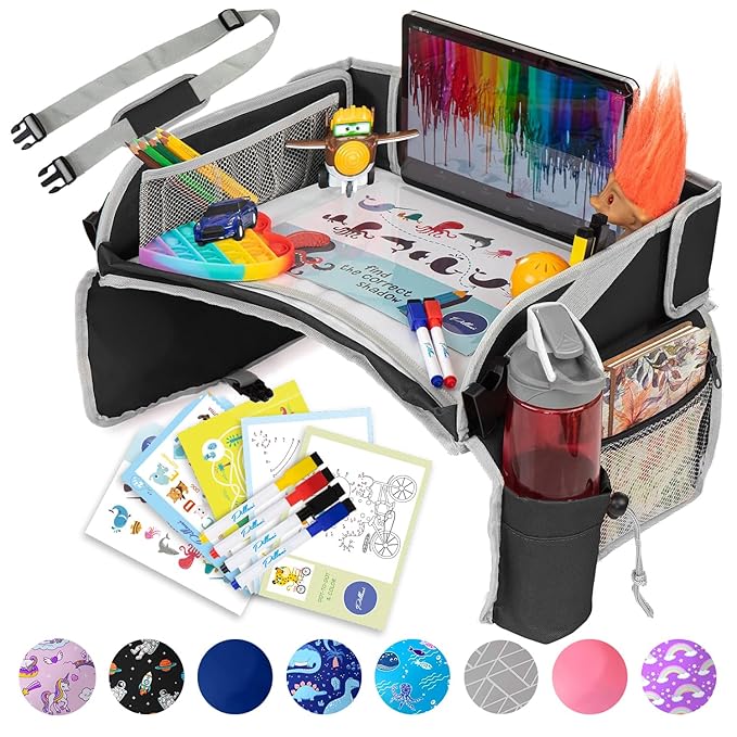 PILLANI Kids Travel Tray for Car - Car Seat Tray/Table for Kids Travel, Roadtrip Activities , Road Trip Essential Accessories, Must Have Toddler Lap Desk Organizer for Airplane
