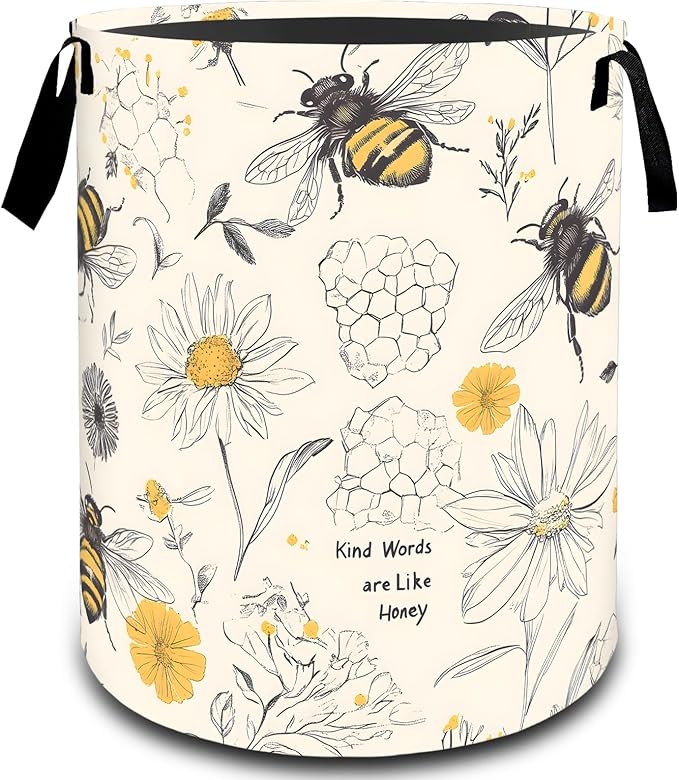 VODRM Bee Daisy Floral with Honeycomb Laundry Basket, Dirty Collapsible Clothes Toy Organizer Hamper for Kids Adults, Oxford Cloth Waterproof Storage Bin for Bedroom Bathroom Decor Gifts, 19.7"X15.7"