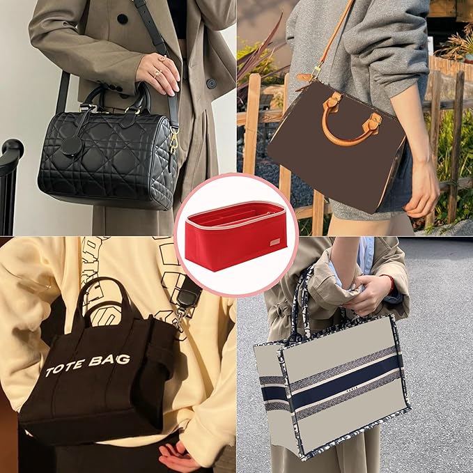Doxo Purse Organizer Insert for Handbags & Base Shaper Combination,Tote Bag Organizer Insert with 6 Sizes,Compatible with LV Speedy 25 & Neverfull PM ON THE GO and More(Red-Medium)