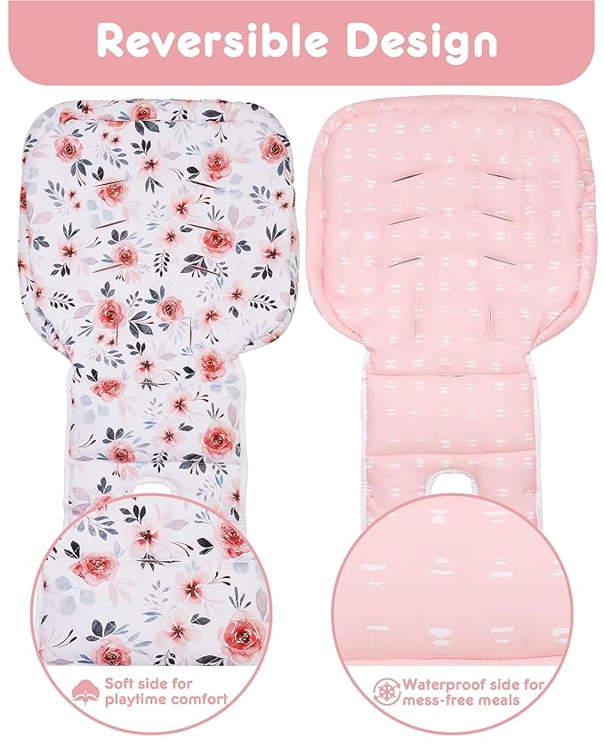 Baby High Chair Cover 2-in-1 Reversible, Includes 5-Point Harness Strap, Waterproof & Soft Dual-Side High Chair Pad Cushion, Machine Washable, Extra Thick Highchair Protector - Pink