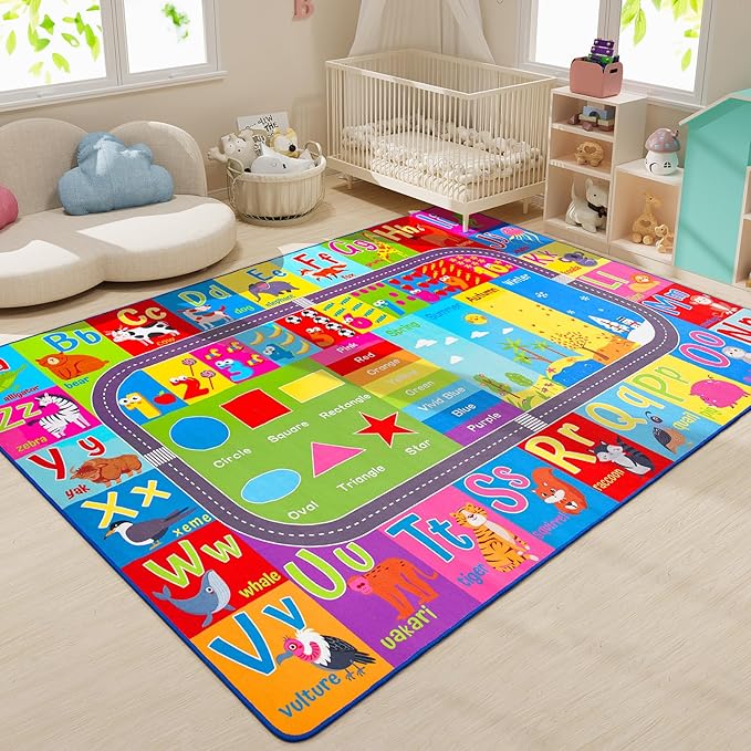 HOMORE Kids Rug, 10x14 Large Educational Rugs for Classroom Kids Collection ABC Rug for Learning Alphabet, Numbers, Colors, Season and Animal Words, Play Rugs for Playroom