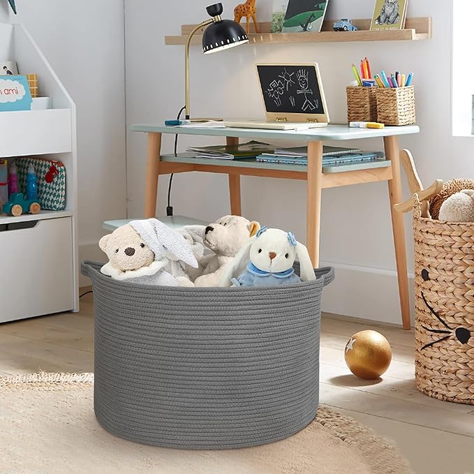 Large Dark Grey Storage Basket, Woven Cotton Rope Baskets for Storage, Big Blanket Organizer Storage Basket for Living Room, Kids Room Toy Storage Organizer Box, Blanket Keeper (22"x14")