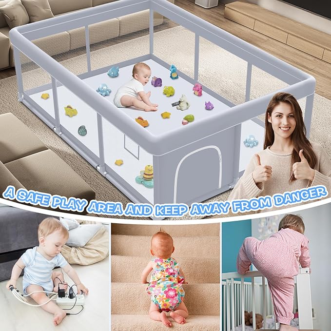 Baby Playpen 74 x 50 Inch Play Pen Playards, Playpen for Babies and Toddlers, Baby Playard for Indoor & Outdoor Active Center Game Fence, with Skin-Friendly Fabric and Soft Breathable Mesh Grey