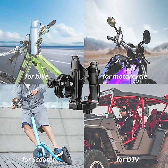 LOKTENWO Anti-Theft Motorcycle Cup Holder, Extra Large Adjustable Size Bike Water Bottle Holder for 1.95-3.6" Diameter Bottles, Bicycle Drink Cage for Handlebar & Frame Fit Scooter, Stroller, ATV