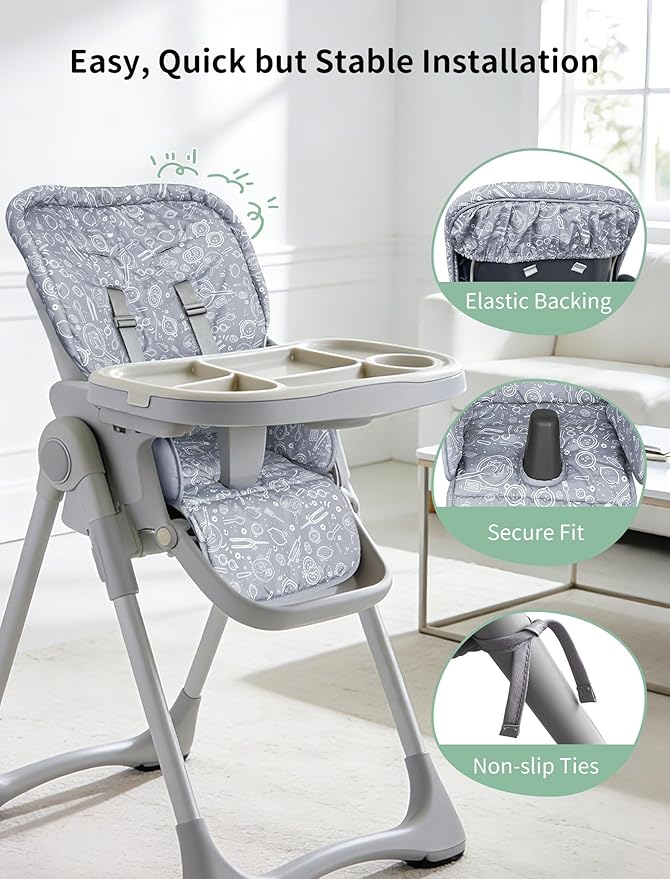 Baby High Chair Cover, Machine Washable High Chair Cushion Pad, Waterproof & Soft, Fits 3-5 Point Harness Chairs, High Chair Replacement Cover for Home & Restaurant Use Grey