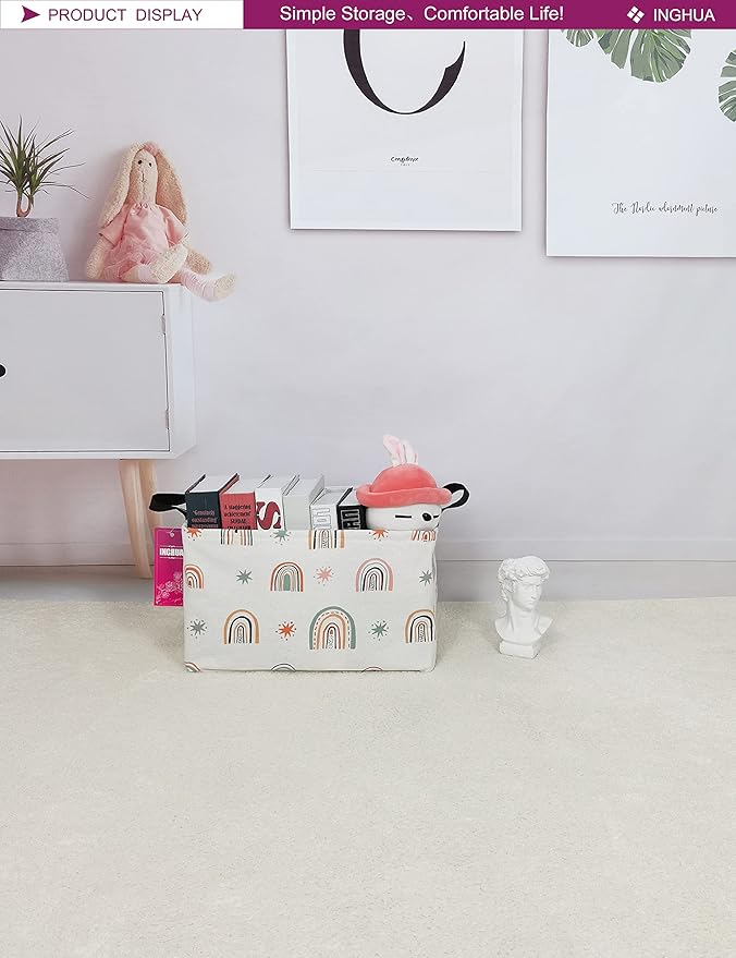 INGHUA Rectangular Storage Basket Fabric Organizer Bin for Toys,Books,Clothes,Gifts,Pets-Perfect for Home,Office,Nursery,Dorm,Shelf(Rec-Star Rainbow )