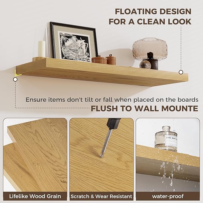 Fun Memories 12 Inch Deep Floating Shelves, 16 x 12 Wooden Wall Shelves, Extra Deeper & Thicker Rustic Wall Mounted Storage Shelf for Fireplace, Living Room, Kitchen, Farmhouse, Oak - 3Pack