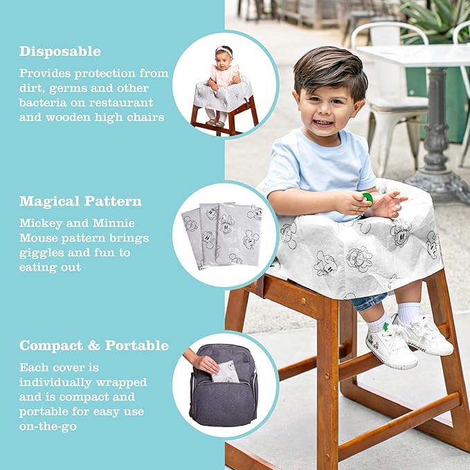J.L. Childress Disney Baby by Disposable Restaurant High Chair Cover Individually Wrapped for Travel Convenience, Mickey and Minnie, 12 Count (Pack of 2)