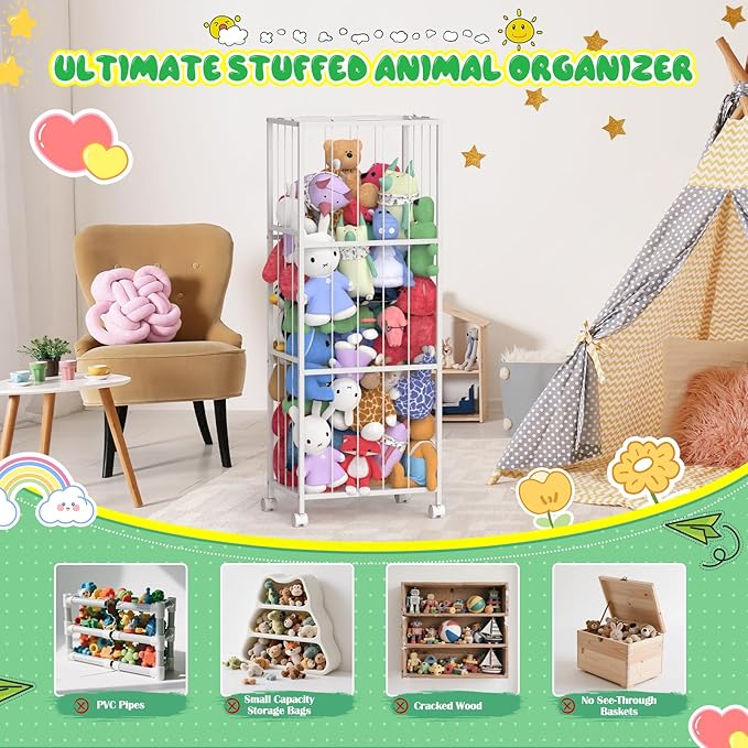 OUTWOLF Stuffed Animal Storage, Large Stuffed Animal Zoo Holder, Sturdy Metal Plushies Toy Storage Organizer for Nursery Playroom Kids Room, White