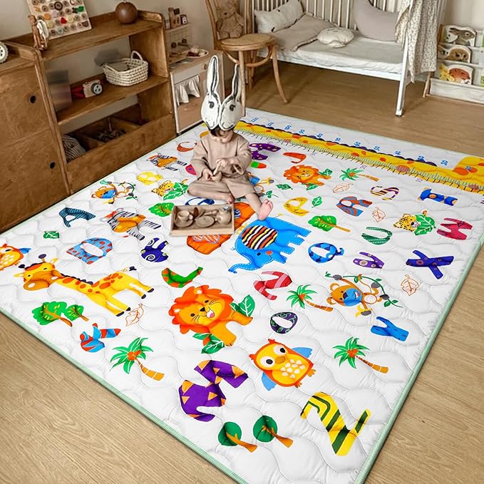 Safari Zoo Alphabet Play Mat 71"×59" Baby Gyms Playmats for Playpen Giant Waterproof ABC Learning Mat for Toddlers, Jungle Themed Nursery Floor Thicken Soft Padding for Toddlers Infants