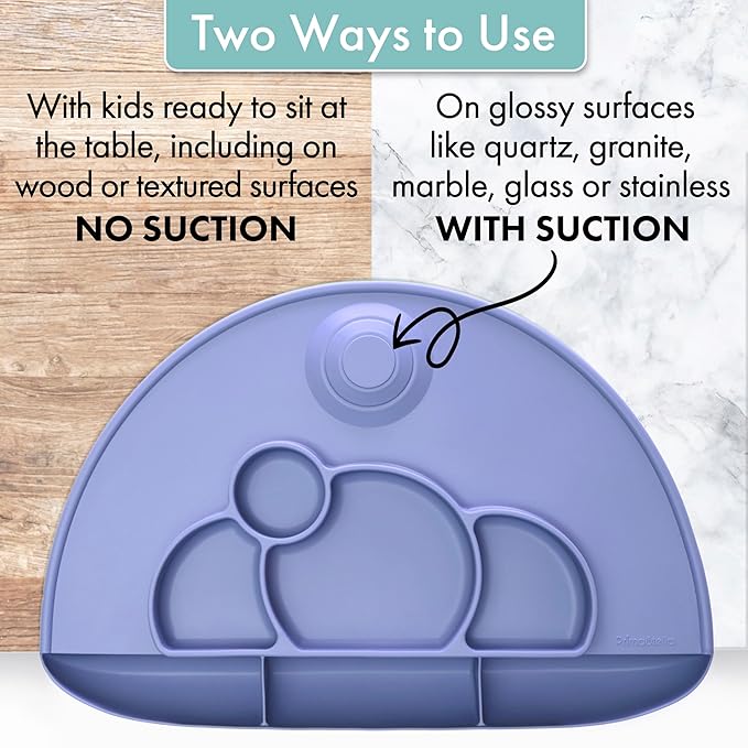 PrimaStella Silicone Placemat for Toddlers - Divided Toddler Plate, Suction Placemat and Food Catcher All-in-one (Purple)