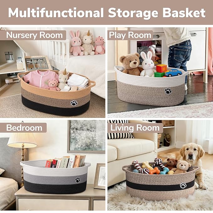 Large Dog Toy Basket, 19.7" X 11" X 7.9" Pet Toy Box Woven Rope Basket for Cat Toys, Baby Gift Basket for Living Room Nursery, Brown Mix