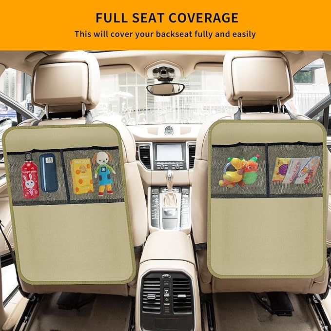 Zecirl 2 Pack Kick Mat Backseat Protector,Back Seat Cover for Kids,Car Seat Back Protectors with 2 Pocket Storage Organizer for Car, SUV, Minivan or Truck Seats (Beige)
