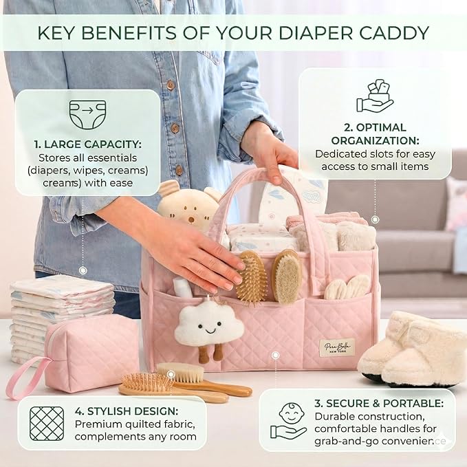 PeraBella Baby Diaper Caddy Organizer, Baby Basket Shower Gift, Portable Changing Table Basket, Postpartum Caddy & Tote Bag Pouch, Newborn Boy & Girl Nursery Essentials Registry, Car Diaper Organizer