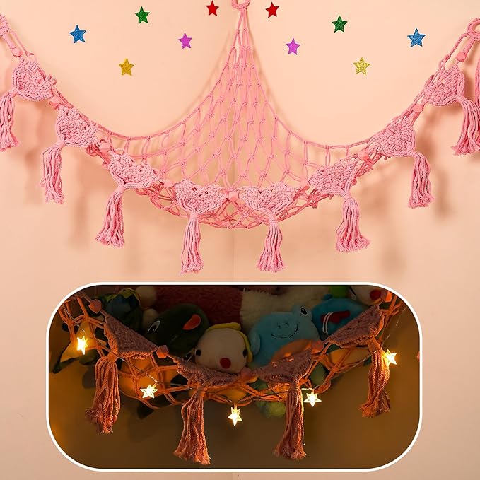 Stuffed Animal Hammock Corner - 56'' Jumbo Handcrafted 5mm Double Macrame Cord Stuffed Animal Net - 100% Natural Cotton Toy Hammock Holder - Pink Stuffy Hammock Plushie Net w/LED Star Light