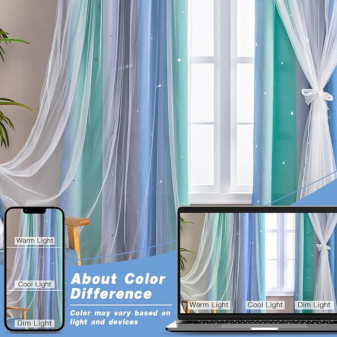 XiDi Blue Green Grey Curtains 63 Inches Long for Girls Bedroom Kids Nursery Boys Room Unicorn Princess Theme Home Decor Room Darkening Window Grommet Drapes Blue Green Grey, W52 X L63 2 Panels