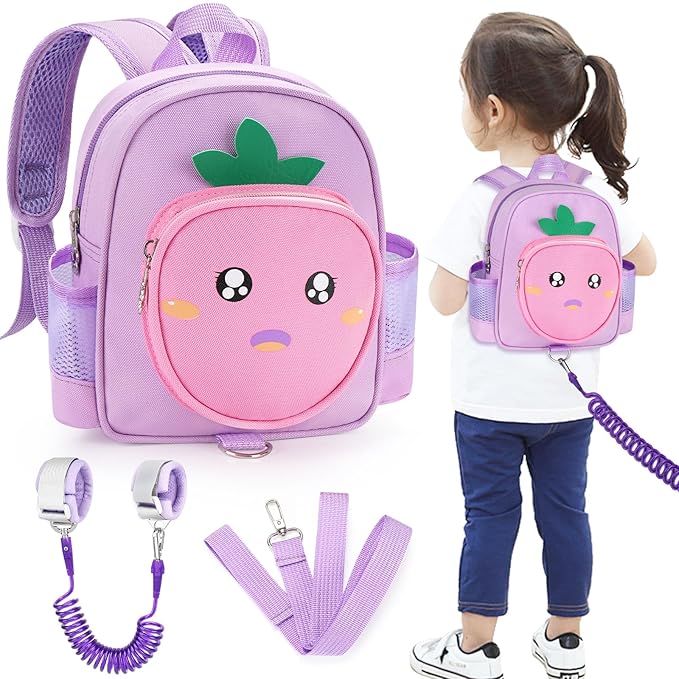 Accmor Toddler Backpack with Leash, 4 in 1 Kid Mini Backpacks with Anti Lost Wrist Link, Cute Child Harness Bag Rein for Outdoor, Peach Back Pack with Strap Tether for Baby Girl Aged 1-3 Years(Purple)