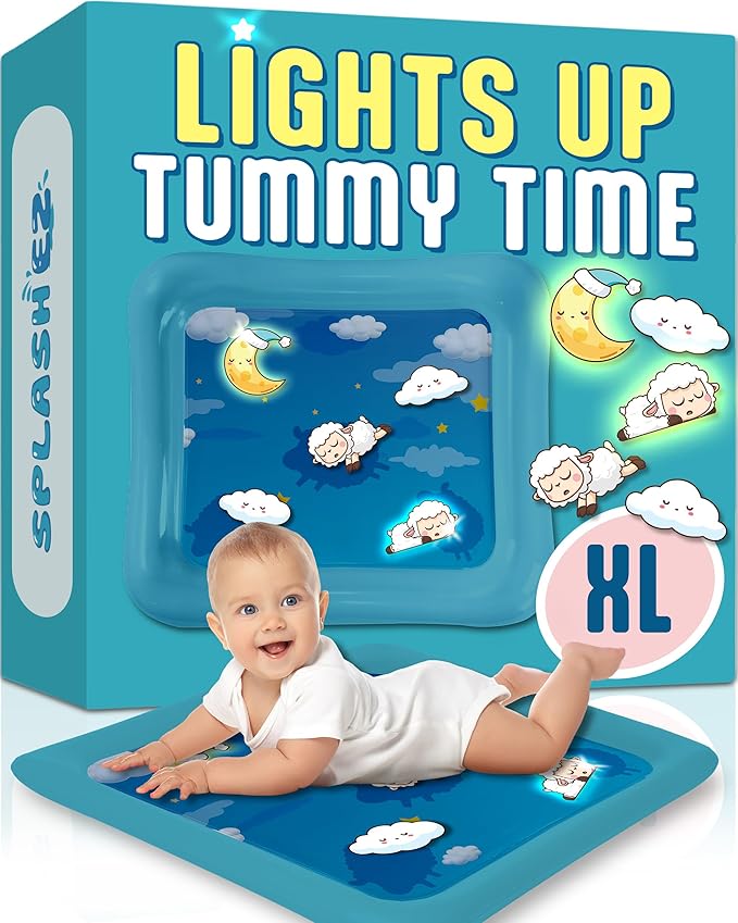 SplashEZ Lights Up Tummy Time Water Mat for Babies, Large Baby Water Mat Tummy Time for Sensory Play with LED Glowing Fishes, Inflatable Fun Play Pad for Infants & Toddlers 3 to 36 mo