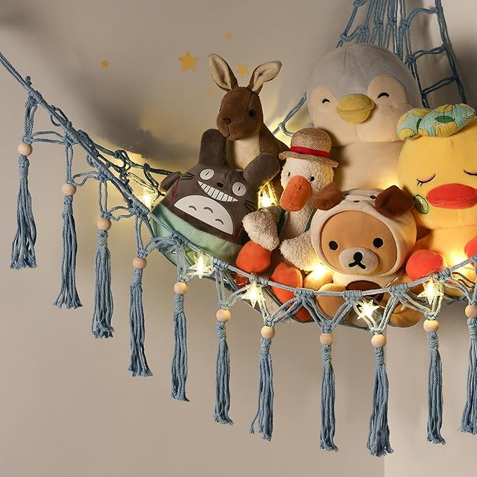 Stuffed Animal Toy Storage Hammock with LED Light-Macrame Jumbo Doll Room Organizer Mesh Decoration-Hanging Storage Nets Kids Bedroom(Blue Beads)