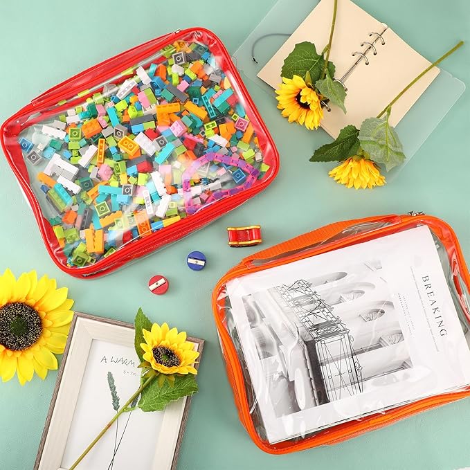 Sanwuta 3 Packs Toy Storage Bags with Zipper, Clear PVC Organizing Waterproof Toy Bags for Board Games, Building Blocks, and Kids Books(12.6 x 9 x 2.36 Inch,Red, Yellow, Orange)