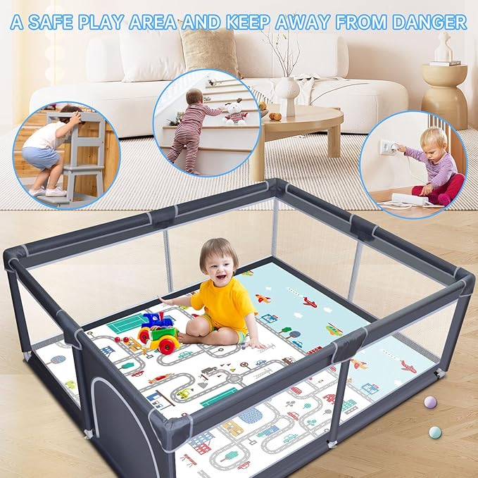Baby Playpen with mat, Play Pen Playards, Playpen for Babies and Toddlers Play Pin Indoor Active Center Game Fence, 50x50 Inch, Grey