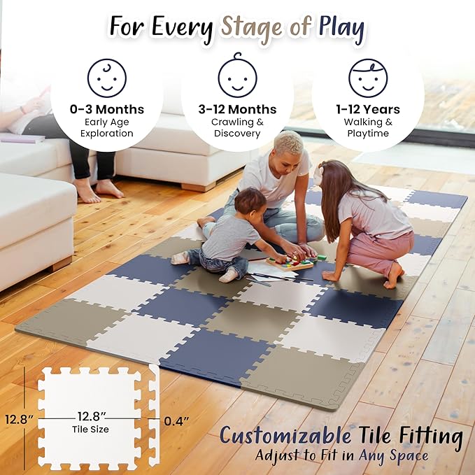 36 Tiles with Borders | 12" x 12" Baby Play Mat Foam Puzzle Floor Tiles | Non-Toxic Soft Waterproof Interlocking EVA Playmat for Nursery Playroom Playpen Toddler Tummy Mat