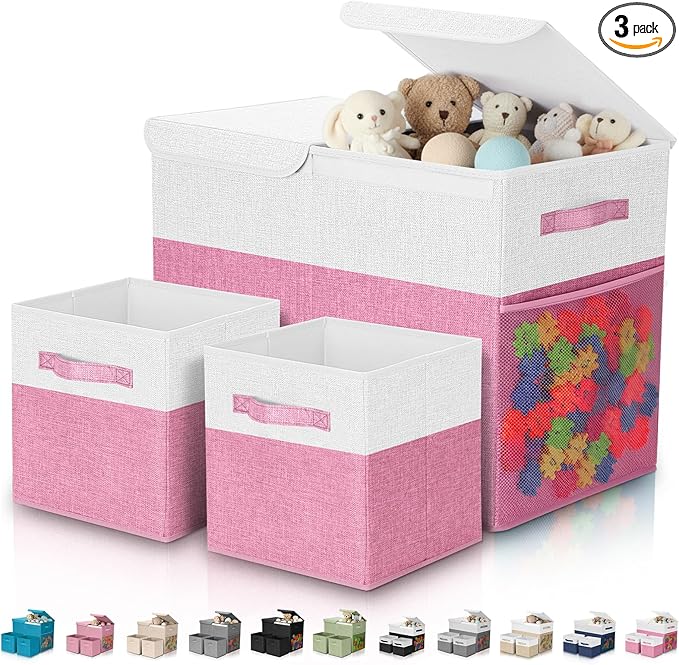 Fiwochic 3 Pack 23" Large Toy Storage Box with 11" Cubes Bins, Collapsible Toy Organizer Chest with Lids for Kids Nursery Playroom Bedroom Living Room Christmas Ornament Storage Box(Pink White)