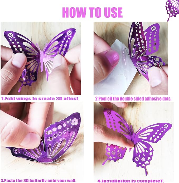 JOSDIOX 3D Puple Butterfly Wall Stickers - 48 Pcs with 4 Styles & 3 Sizes, Removable Decor for Party Birthday Wedding Cake Balloon Decoration (48 Puple)