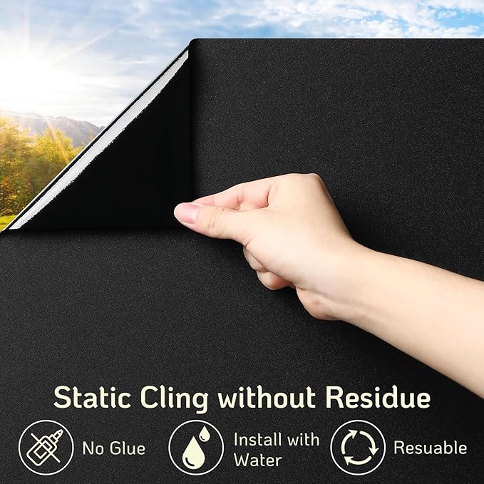 LUTE Blackout Window Film Removable Window Tint for Home Privacy Black 17.5" x 118.1", Static Cling for Inside Dark Sunlight Blockers Darkening Light Blocking for Bedroom Home Theater Garage