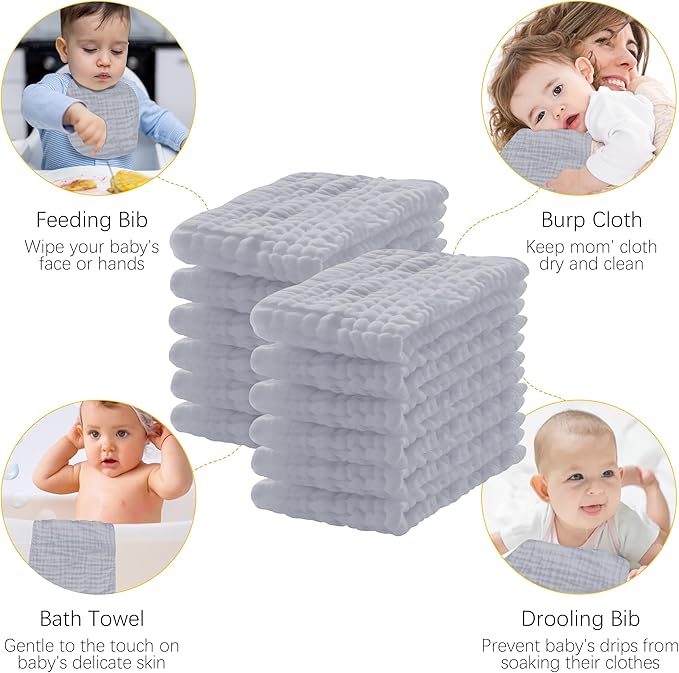 Lovely Care 12 Pack Muslin Burp Cloths 100% Cotton Muslin Cloths Large 20''x10'' Extra Soft and Absorbent Baby Burping Cloth - Slate