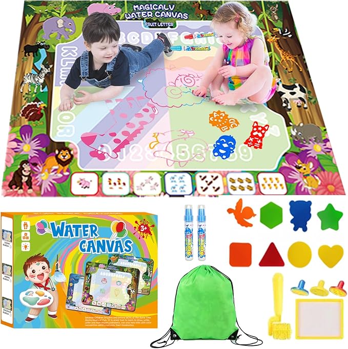 GIFTRRTOY Water Doodle Mat - Magic Water Drawing Mat with Stamps, Roller & Backpack Big Enough Space for 2-3 Kids to Draw Together | No Mess Travel Toy Gift for 3 4 5 6 7 8 Year Old Girls Boys