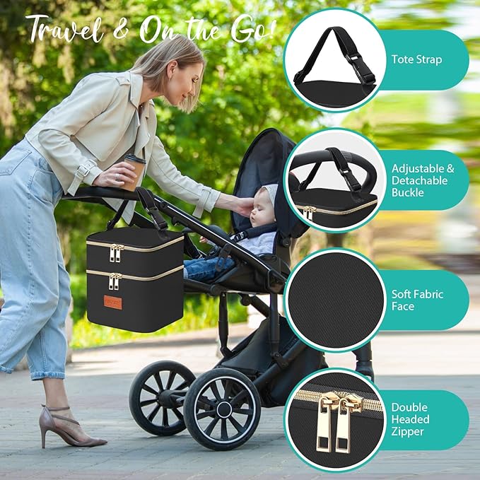 PIIOSER Baby Bottle Cooler Bag with Ice Pack, Fits 4 Baby Bottles Up to 5 Ounce, Portable Insulated Breastmilk Cooler Travel Bag with Handle Buckle for Nursing & Working Mom Daycare (Black-XS)