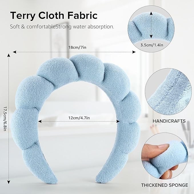 Face Wash Headband, Set of 2 - Terry Cloth Spa Headbands for Washing Face or Facial, Puffy Makeup Headbands for Skincare, Mask, Hair Salon, Professional Use (Black & Blue)