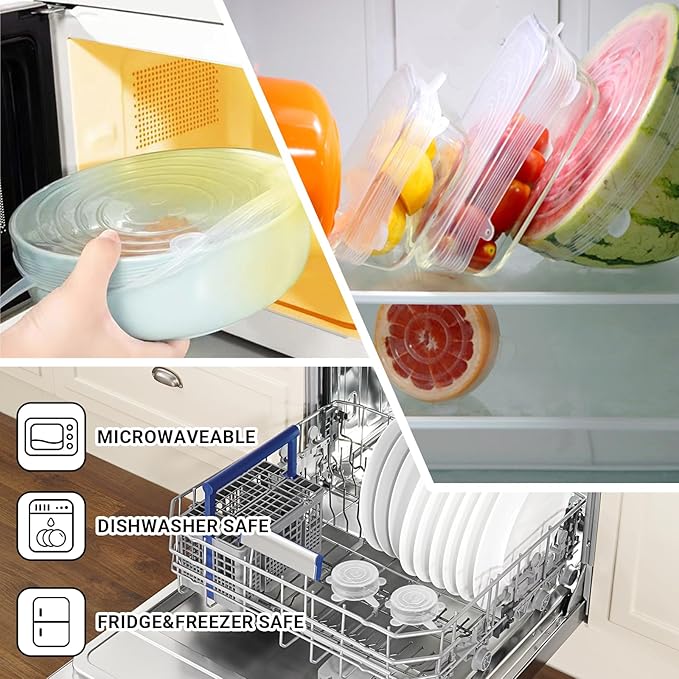 4 Pack 8.1in Reusable Silicone Stretch Lids, Silicone Bowl Covers for Food Storage, Universal Stretchable Lids for Containers Produce, Elastic Expandable Seal Cover, Microwave Freezer Safe