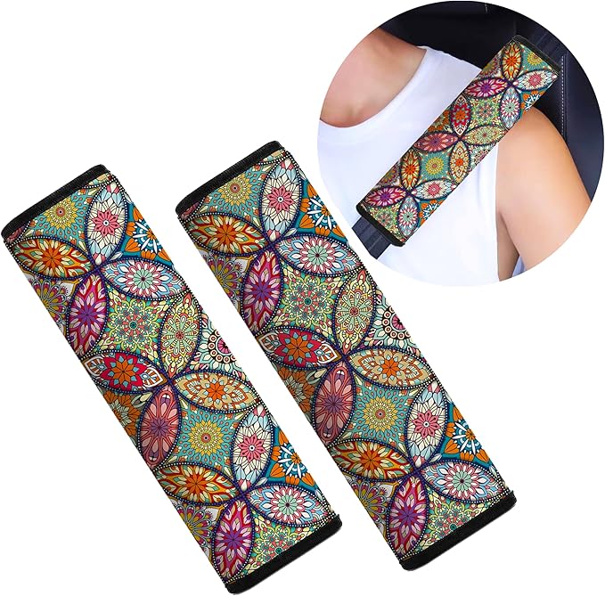 Mokiwala Car Seat Belt Pad Cover, 2-Pack Soft Car Safety Seat Belt Strap Shoulder Pad for Adults and Children, Suitable for Car Seat Belt, Backpack, Shoulder Bag (Pretty Mandala)