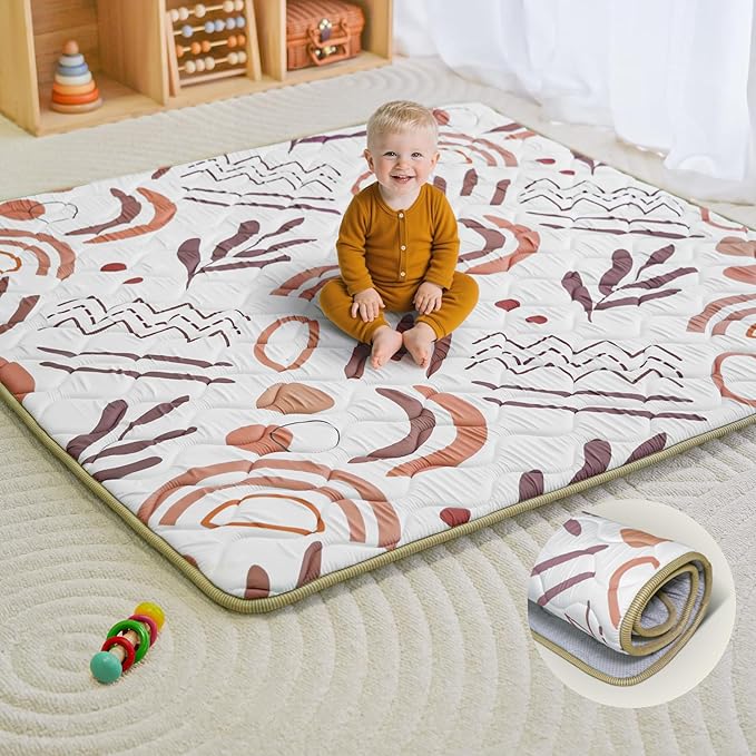 Beavtaens Baby Play Mat, 50x50 Playpen Mat, Thick Soft Foam Playmats for Baby, Foldable and Washable Crawling Mat for Floor (Orange Nature)