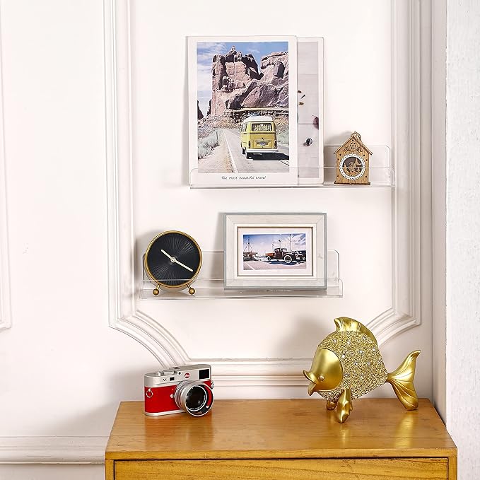 CY craft 6 PCS Acrylic Invisible Floating Bookshelf for Kids Room,15 inch Modern Picture Ledge Display Toy Storage Wall Shelf 5MM Thick U Shelves Storage Rack