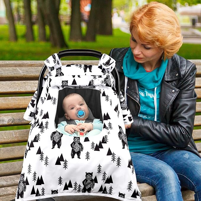 Baby Carseat Cover Boys, Newborn Car seat Canopy, Minky Cozy & Warm Cover, Winter Carrier Cover with Peep Windows, Soft & Breathable, Bear Stuff