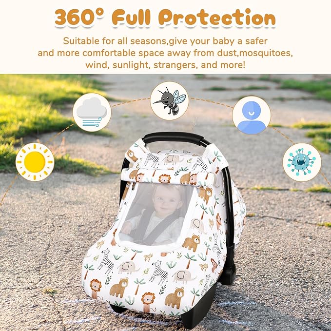Baby Car Seat Cover, Windproof Carseat Cover for Infant Girls, Infant Warm Carseat Canopy with Double Layer Fabric for Winter, Compatible with Most Baby Car Seat, Animals