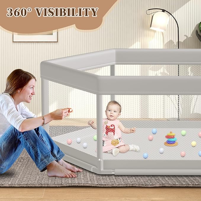 Hiaksedt Large Baby Playpen 65x65 Inch, PlayPen for Babies and Toddlers Hexagonal Type Baby Play Yards for Indoor & Outdoor with Breathable Mesh Anti-Fall