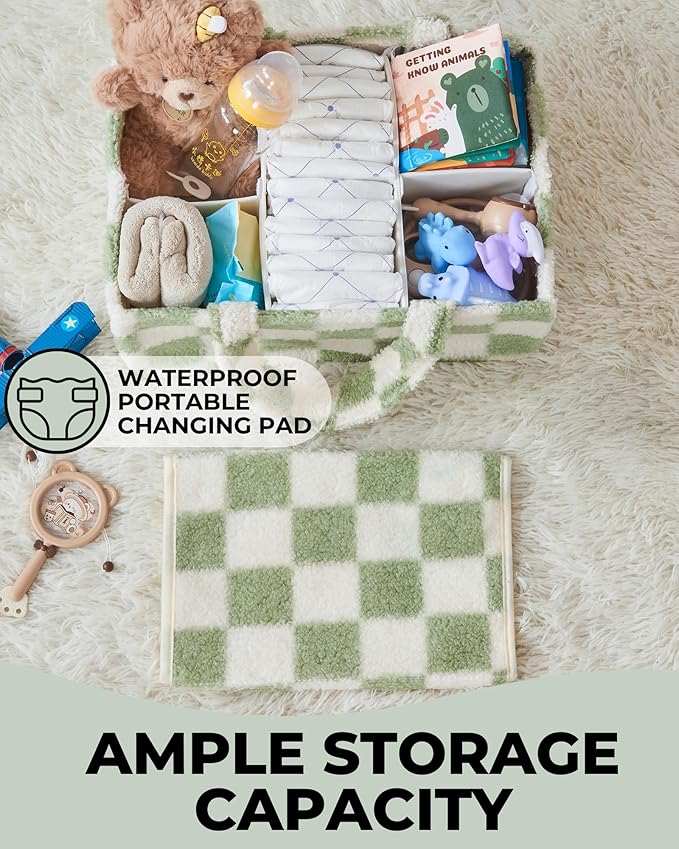 Toodly Checkered Diaper Caddy Organizer with Portable Changing Mat - Teddy Fleece Diaper Organizer for Changing Table - Caddy Organizer with Removable Dividers - Green and White